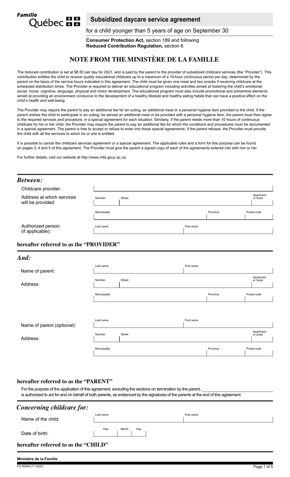 Form FO-0659A Subsidized Daycare Service Agreement - Quebec, Canada, Page 1