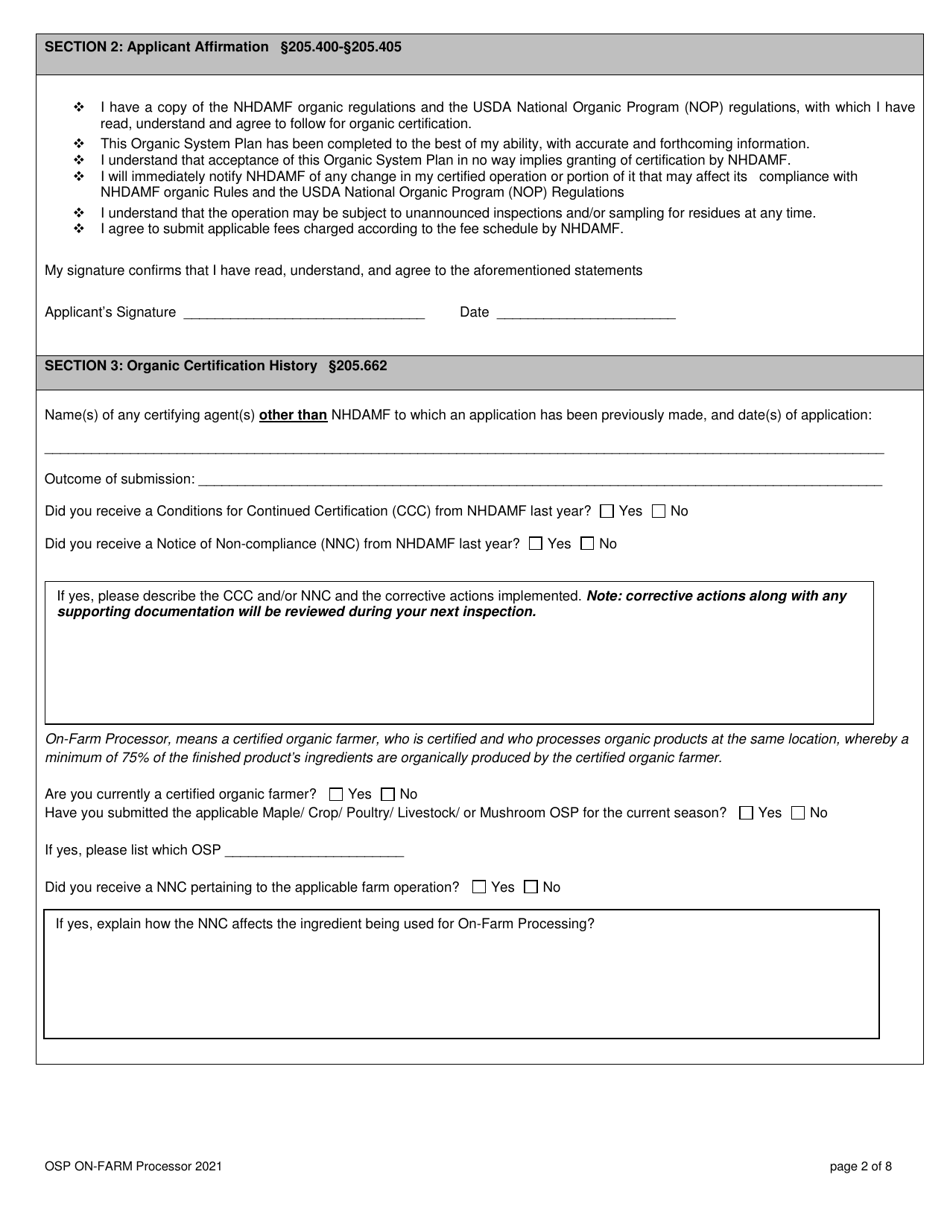 Organic System Plan for on-Farm Processors  Handlers - New Hampshire, Page 2