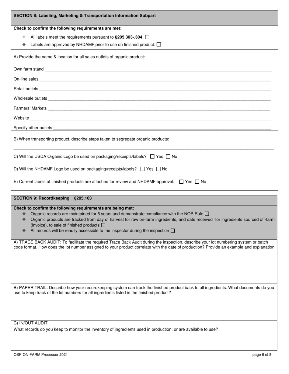 Organic System Plan for on-Farm Processors  Handlers - New Hampshire, Page 6