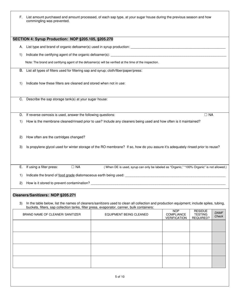 Organic System Plan (Osp) for Maple Products - New Hampshire, Page 5