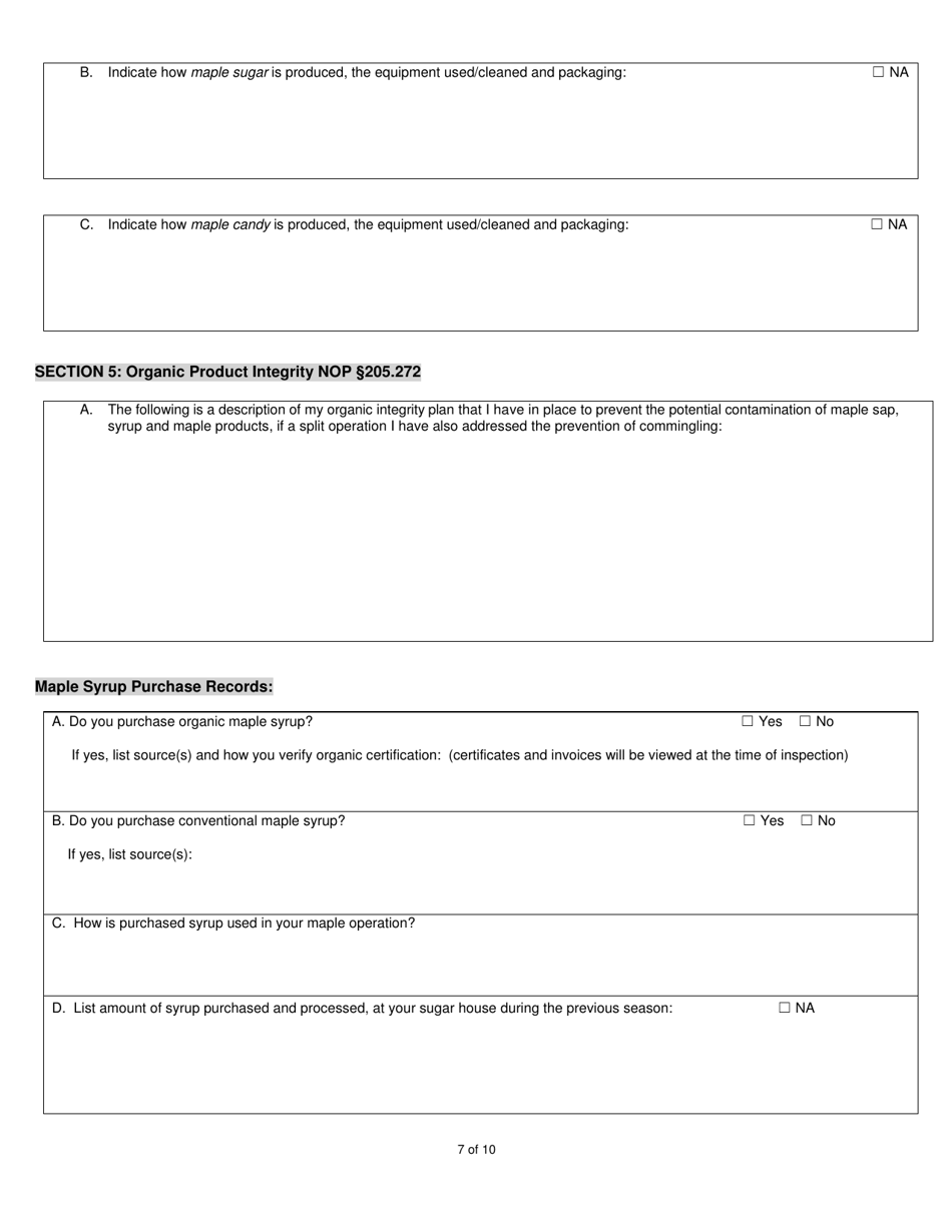 Organic System Plan (Osp) for Maple Products - New Hampshire, Page 7