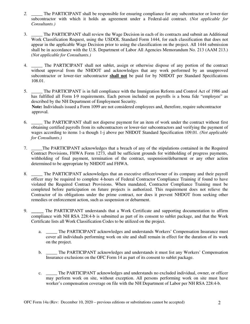 OFC Form 14A Annual Contractor Assurances Federal-Aid Contracts - New Hampshire, Page 2