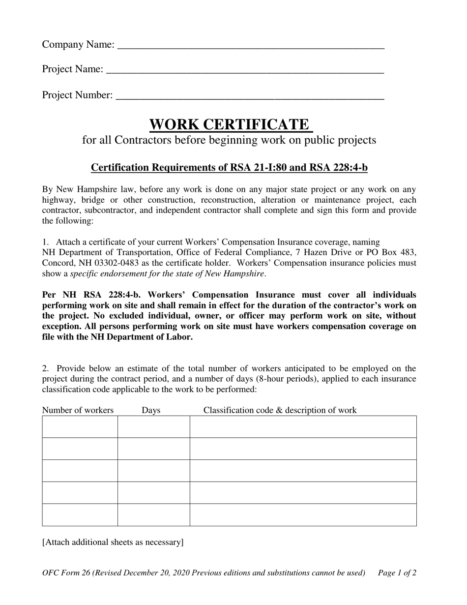 OFC Form 26 Work Certificate - New Hampshire, Page 1