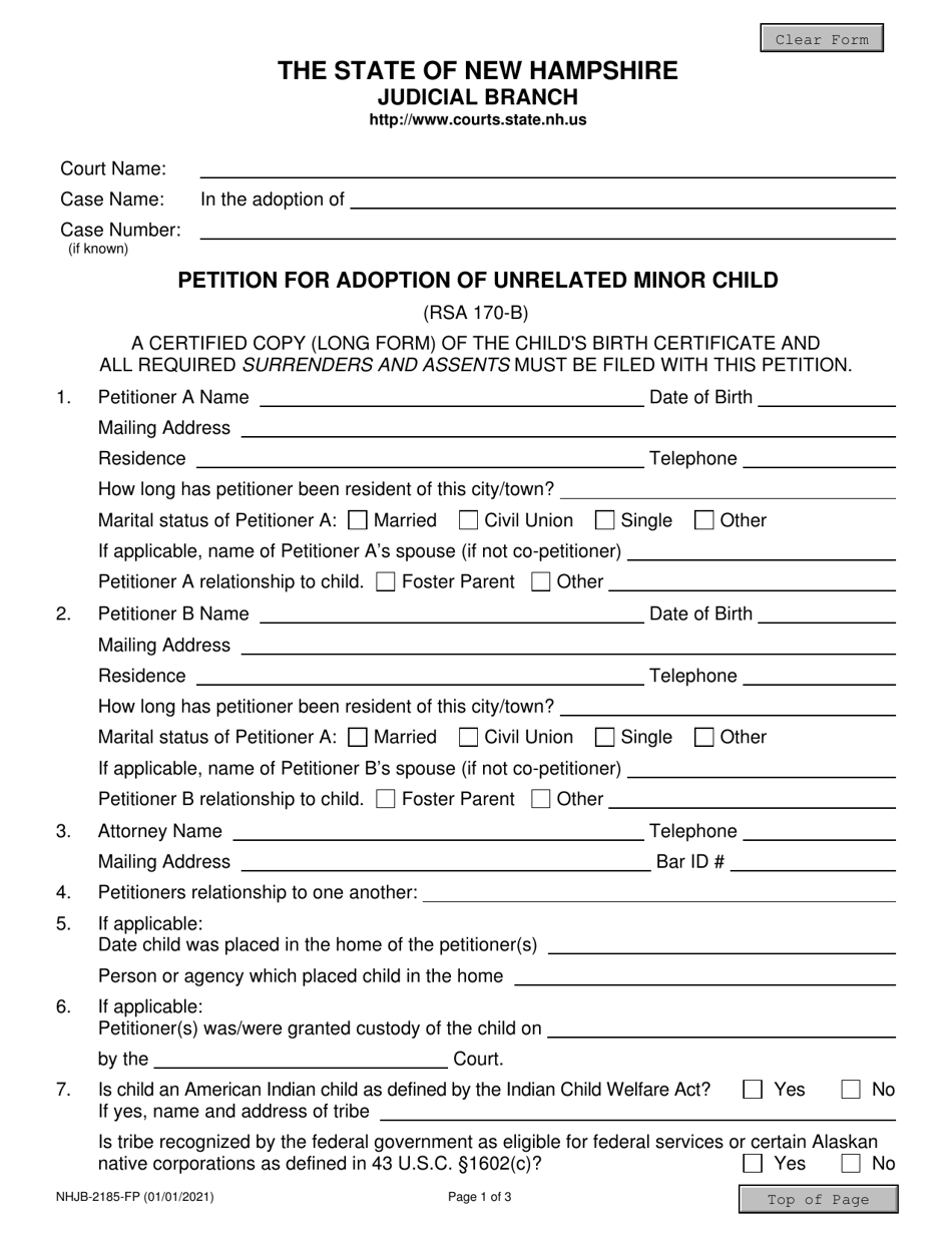 Form NHJB-2185-FP Petition for Adoption of Unrelated Minor Child - New Hampshire, Page 1