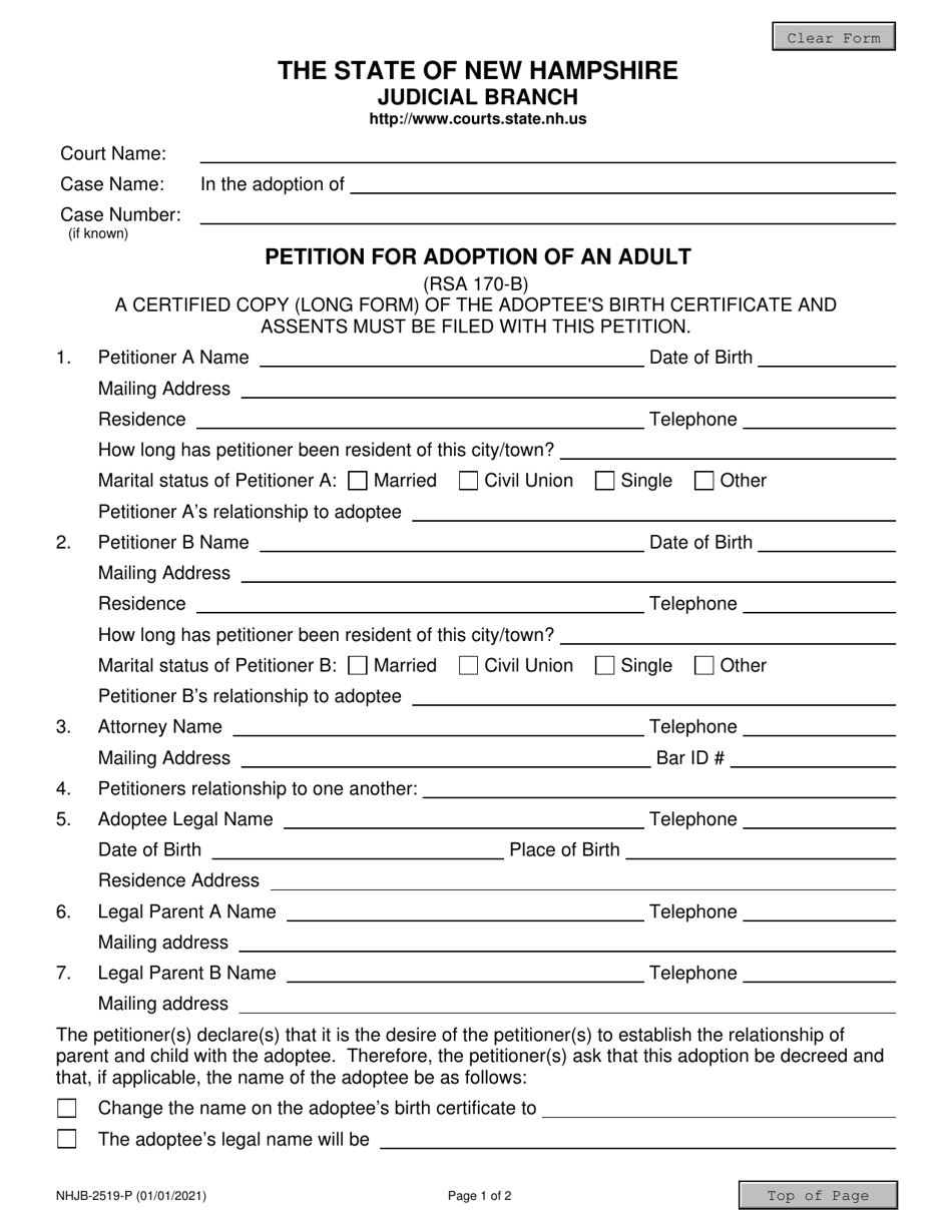 Form NHJB-2519-P Petition for Adoption of an Adult - New Hampshire, Page 1