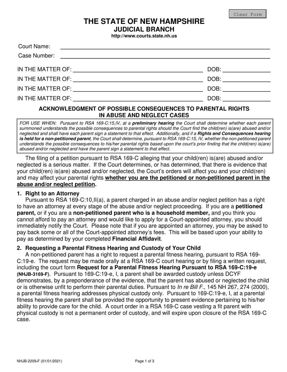 Form NHJB-2209-F Acknowledgment of Possible Consequences to Parental Rights in Abuse and Neglect Cases - New Hampshire, Page 1