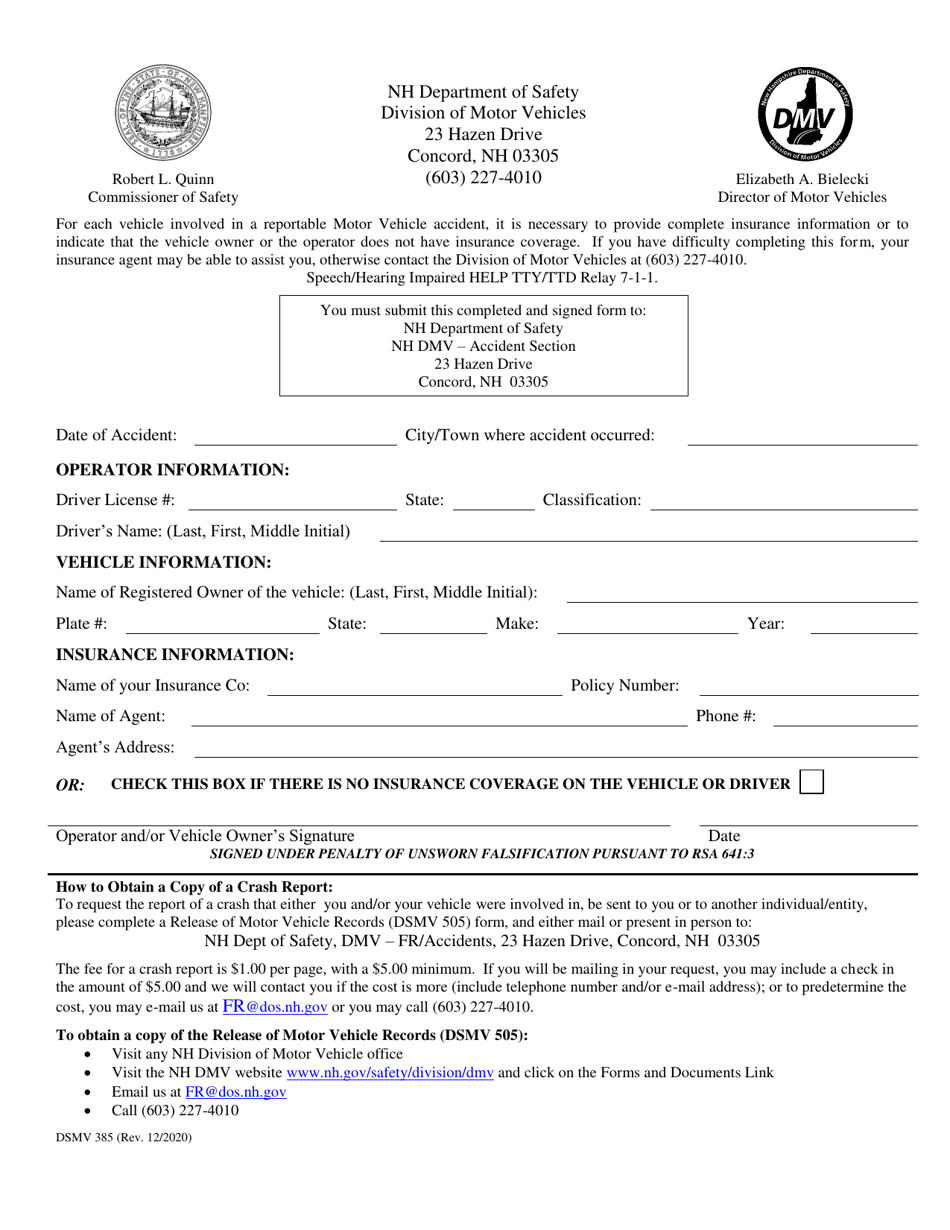 Form DSMV385 Insurance Verification Form - Blue Card - New Hampshire, Page 1