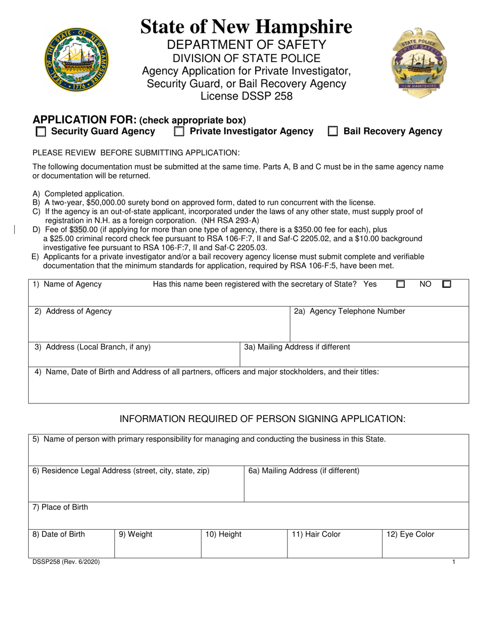 Form DSSP258 Agency Application for Private Investigator, Security Guard and Bail Bondsman - New Hampshire, Page 1