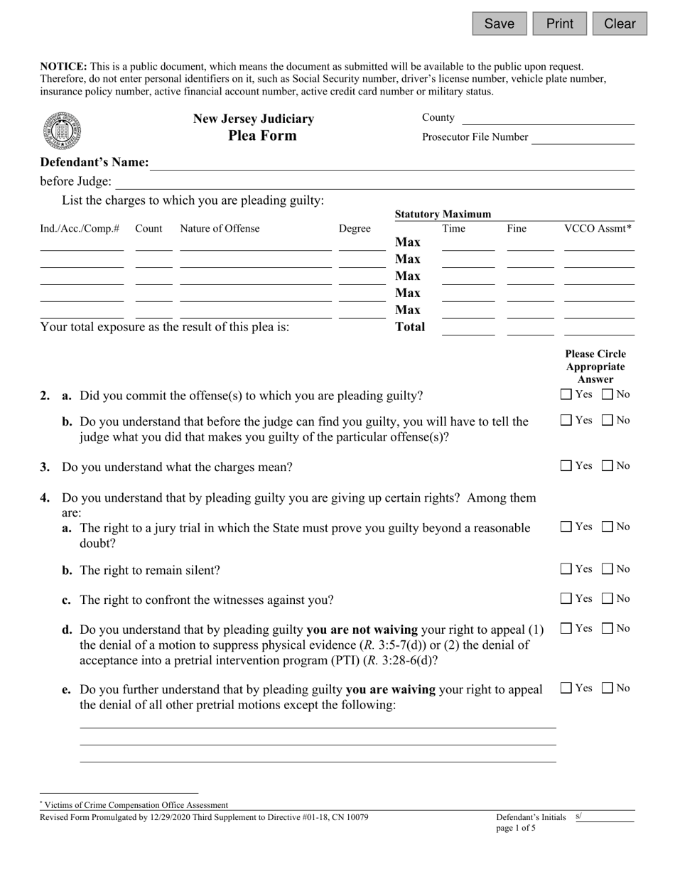 Form 10079 Plea Form - New Jersey, Page 1