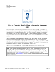 Form 10517 Civil Case Information Statement (Cis) - Pro Se - New Jersey
