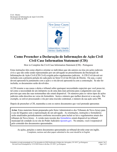 Form 10517 Civil Case Information Statement (Cis) - Pro Se - New Jersey (English/Portuguese)