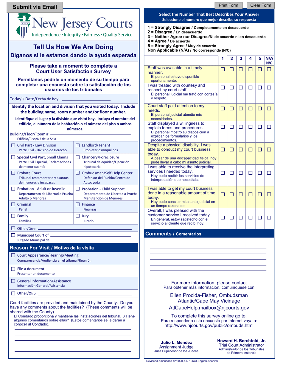 Form 10673 Court User Satisfaction Survey - Atlantic / Cape May Vicinage - New Jersey (English / Spanish), Page 1