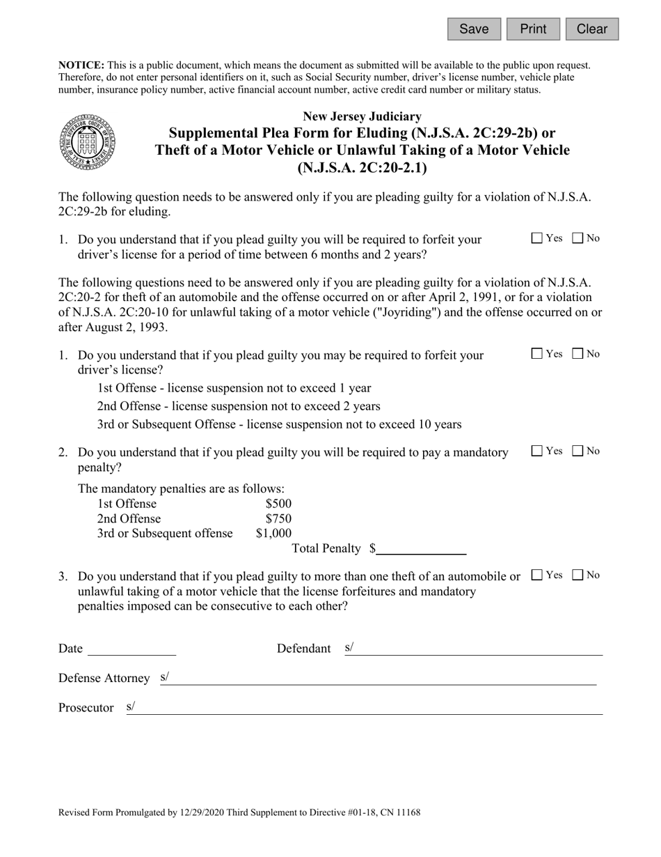 Form 11168 Supplemental Plea Form for Eluding (N.j.s.a. 2c:29-2b) or Theft of a Motor Vehicle or Unlawful Taking of a Motor Vehicle (N.j.s.a. 2c:20-2.1) - New Jersey, Page 1