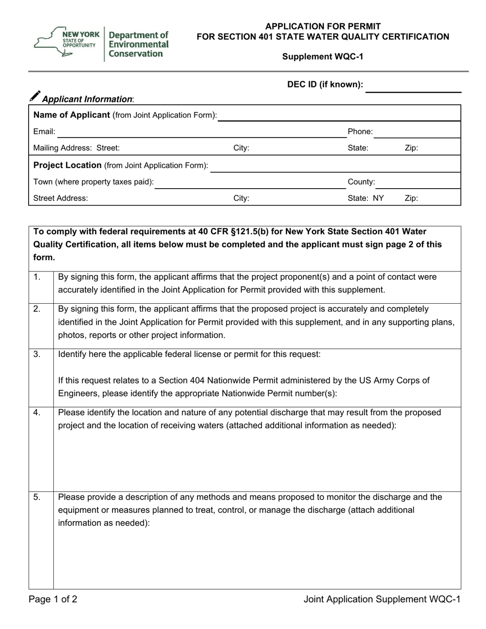Supplement WQC-1 Application for Permit for Section 401 State Water Quality Certification - New York, Page 1