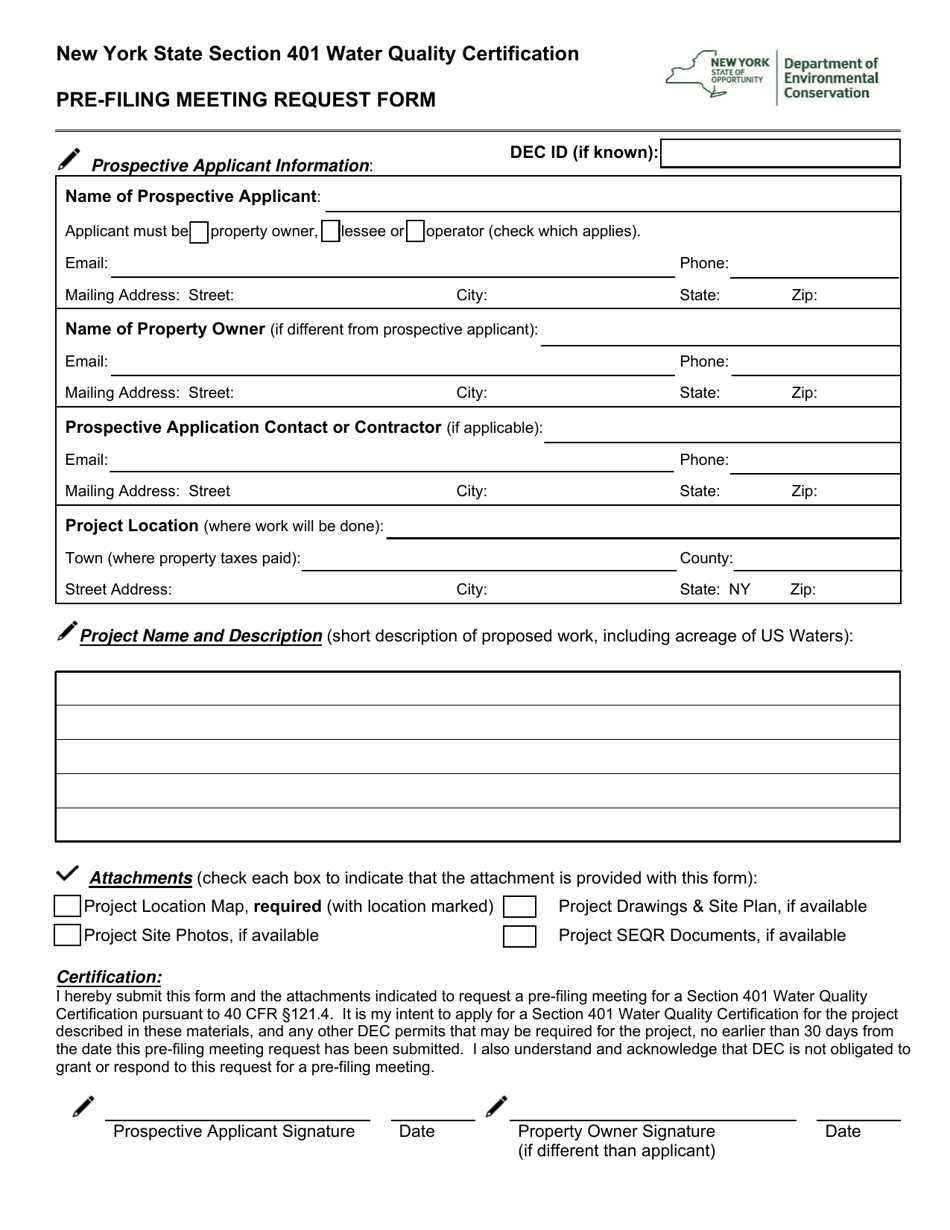 New York State Section 401 Water Quality Certification Pre-filing Meeting Request Form - New York, Page 1