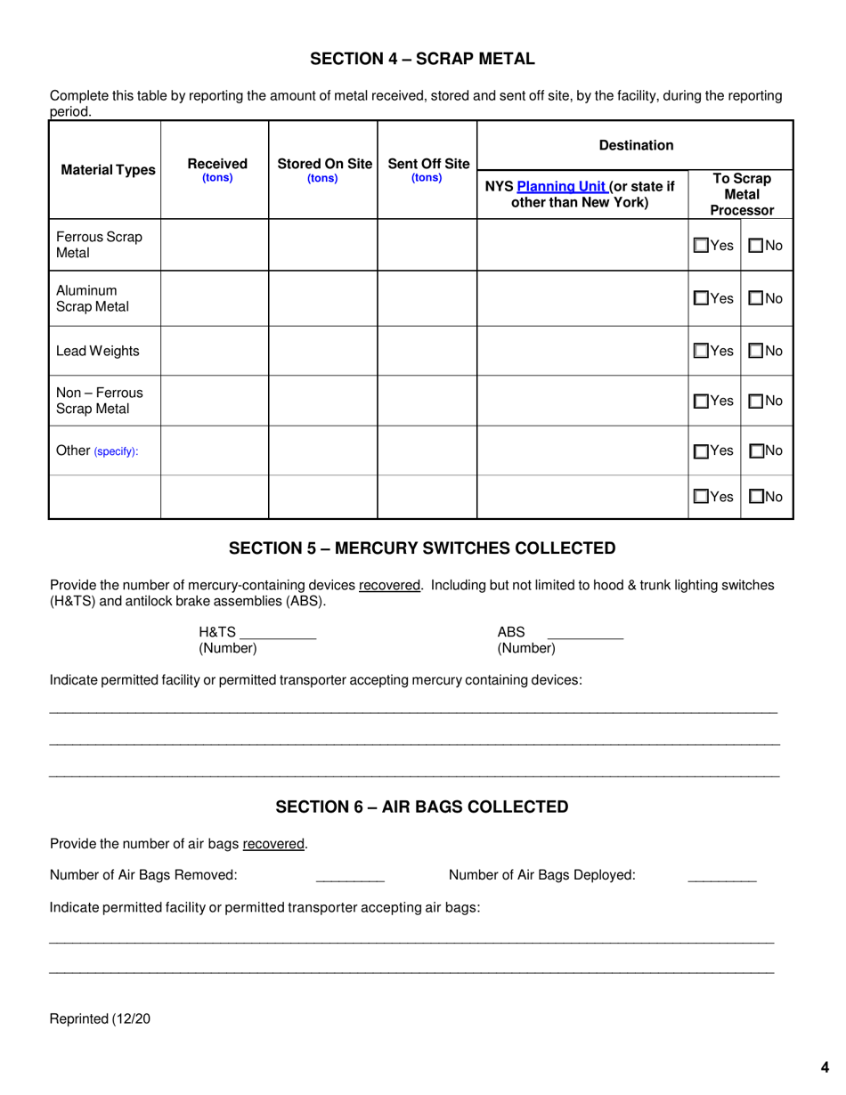 Vehicle Dismantling Facility, Motor Vehicle Repair Shop and Mobile Vehicle Crusher Annual Report - New York, Page 4