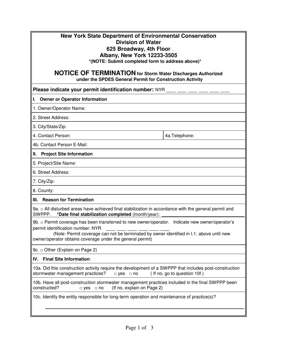Notice of Termination for Storm Water Discharges Authorized Under the Spdes General Permit for Construction Activity - New York, Page 1