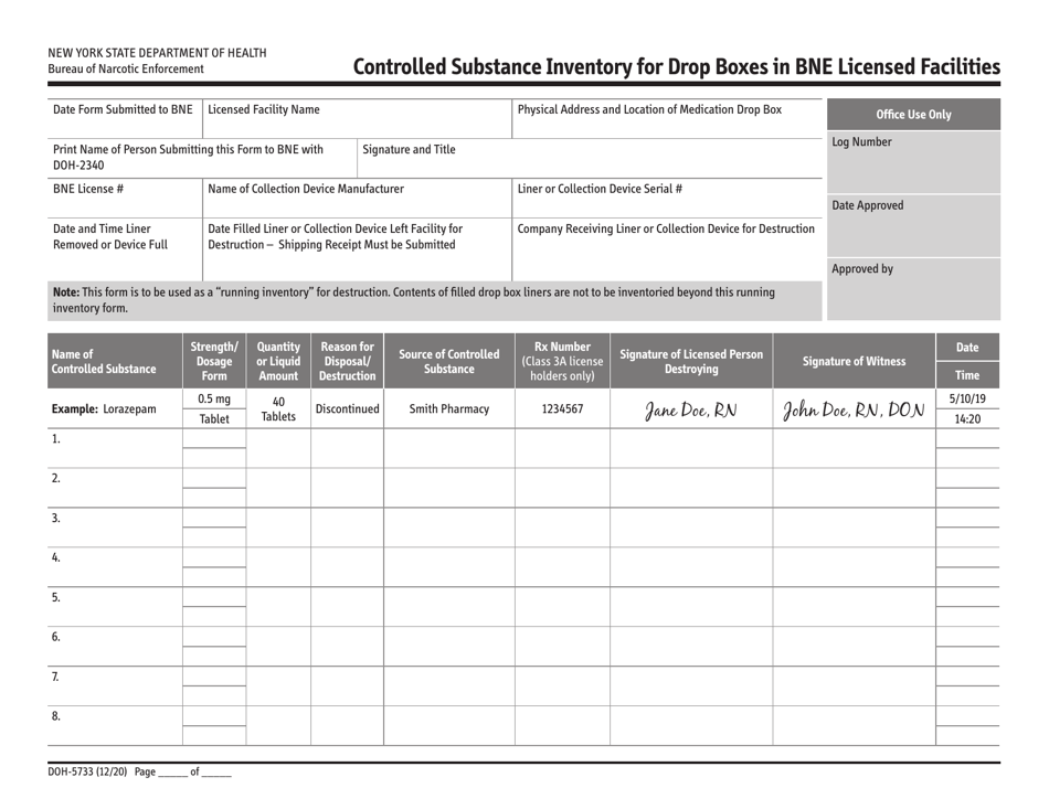 Form DOH-5733 Controlled Substance Inventory for Drop Boxes in Bne Licensed Facilities - New York, Page 1