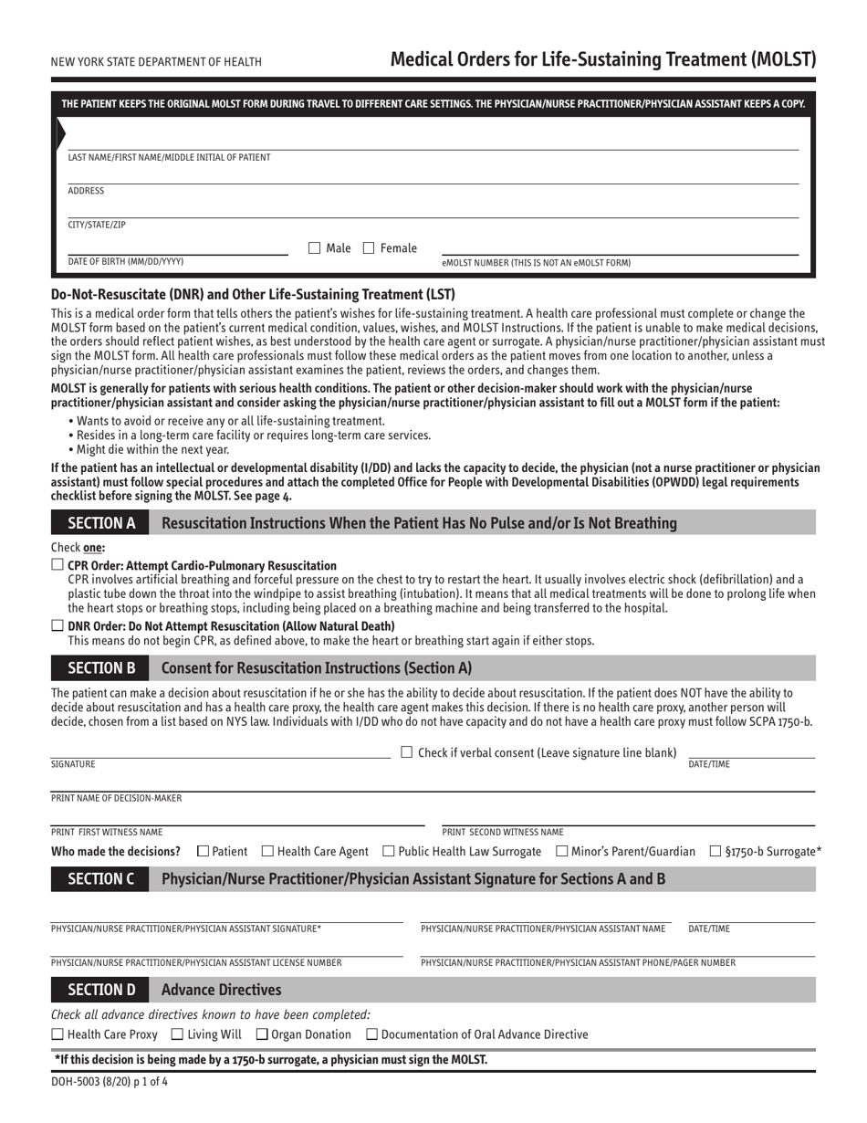 Form DOH-5003 Medical Orders for Life-Sustaining Treatment (Molst) - New York, Page 1