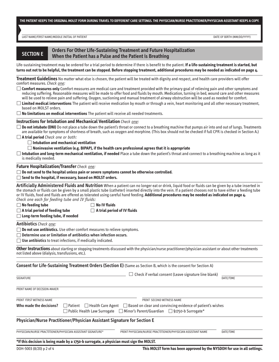 Form DOH-5003 Medical Orders for Life-Sustaining Treatment (Molst) - New York, Page 2