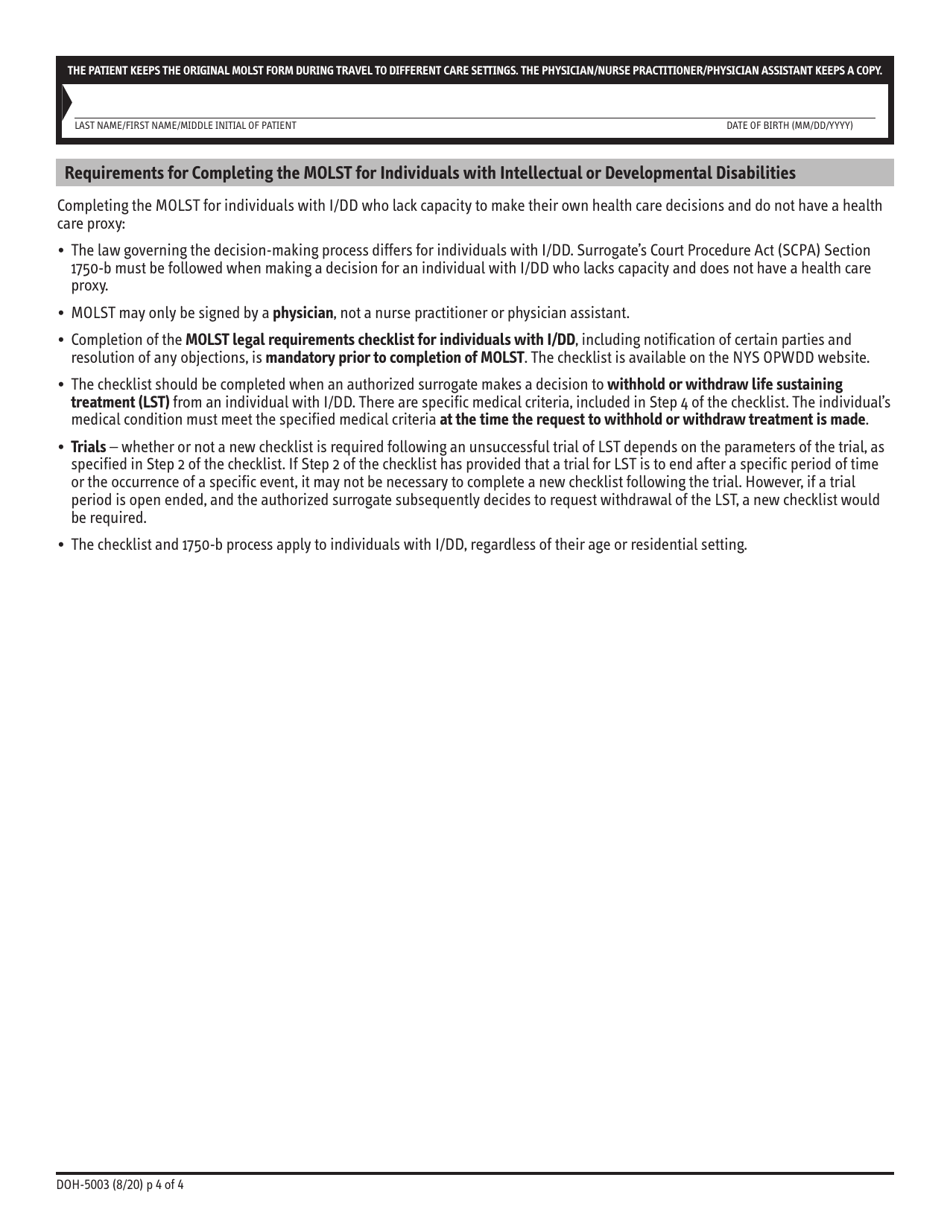 Form DOH-5003 Medical Orders for Life-Sustaining Treatment (Molst) - New York, Page 4
