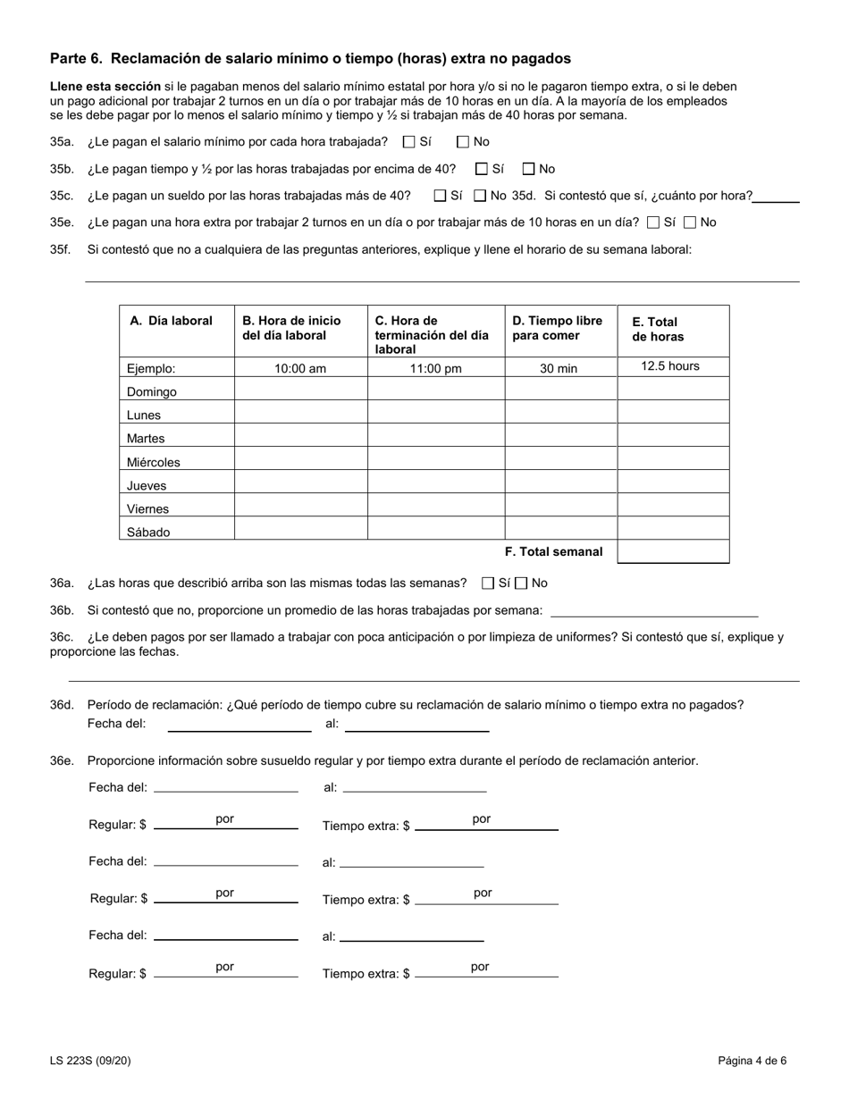 Formulario LS223S Formulario De Queja Sobre Normas Laborales - New York (Spanish), Page 6