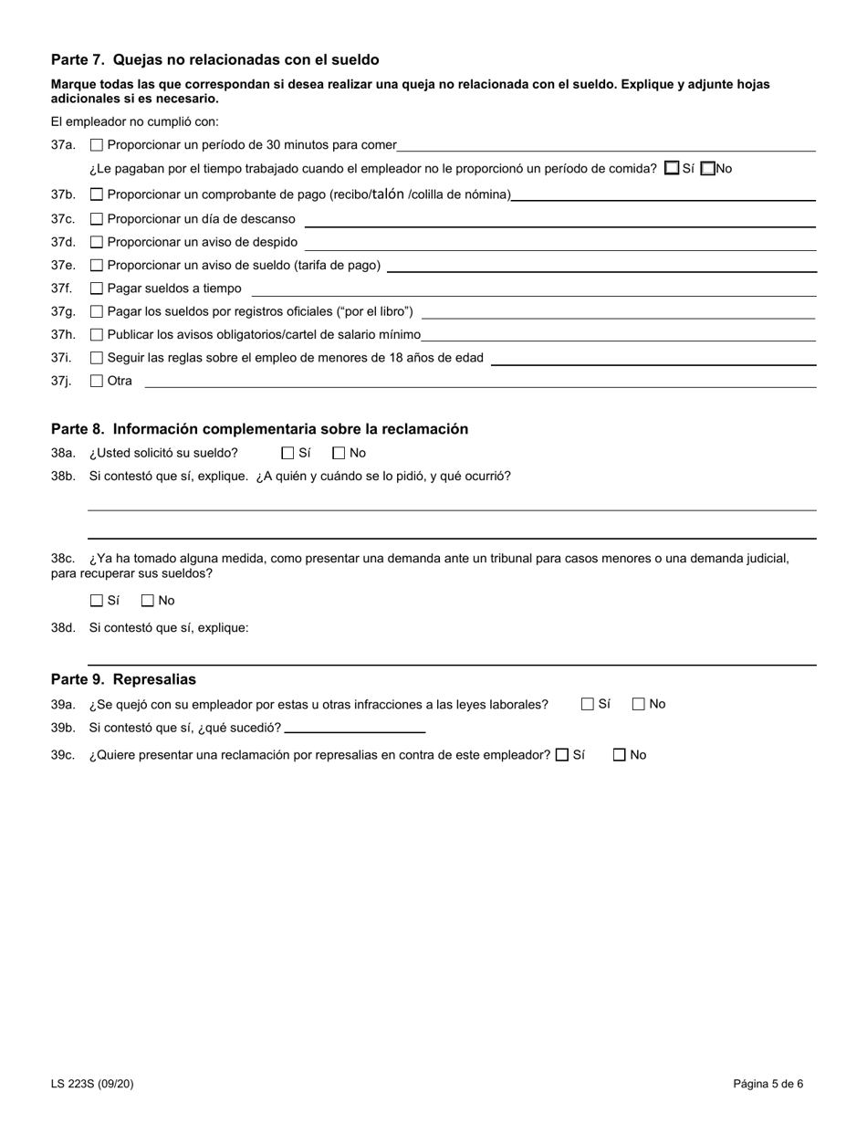 Formulario LS223S Formulario De Queja Sobre Normas Laborales - New York (Spanish), Page 7