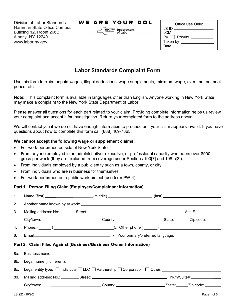 Form LS223 Download Fillable PDF Or Fill Online Labor Standards ...