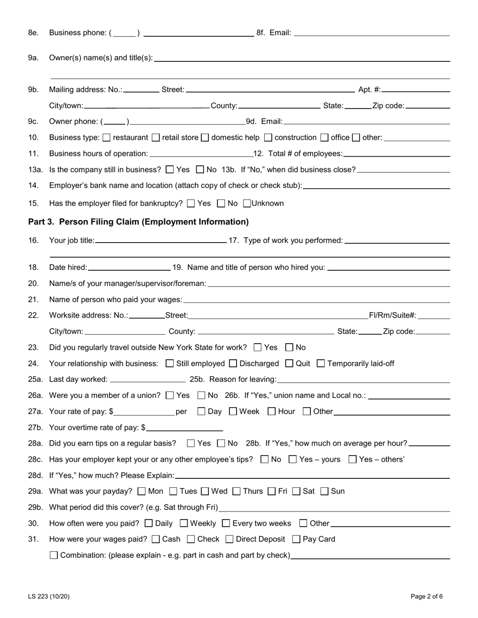 Form LS223 Download Fillable PDF or Fill Online Labor Standards ...
