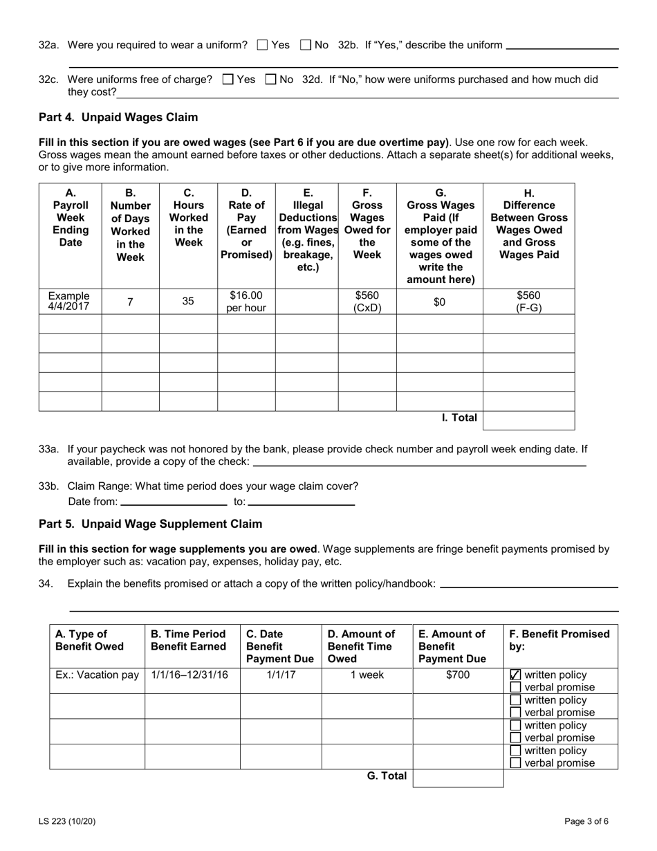 Form LS223 Labor Standards Complaint Form - New York, Page 5