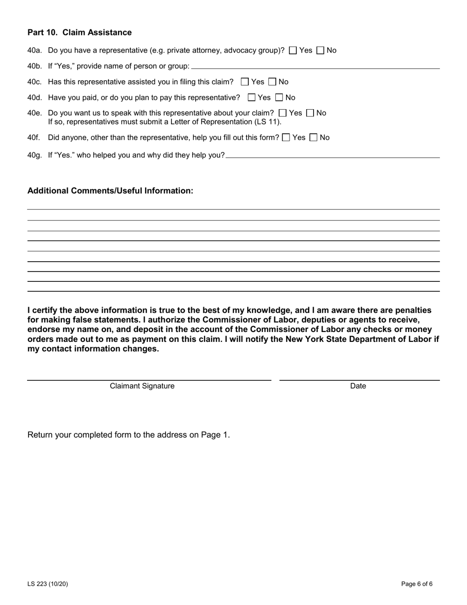 Form LS223 Labor Standards Complaint Form - New York, Page 8
