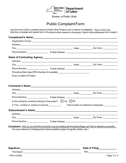 Form PW5 Public Complaint Form - New York