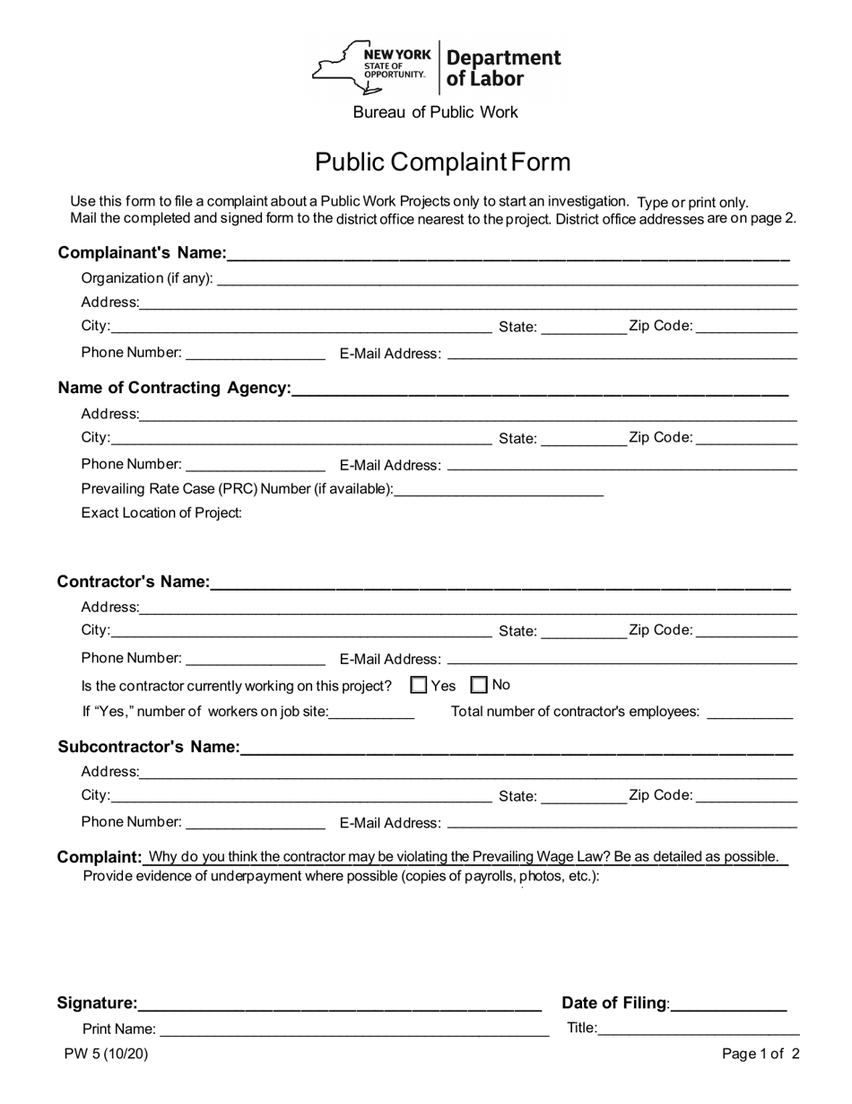 Form PW5 Public Complaint Form - New York, Page 1