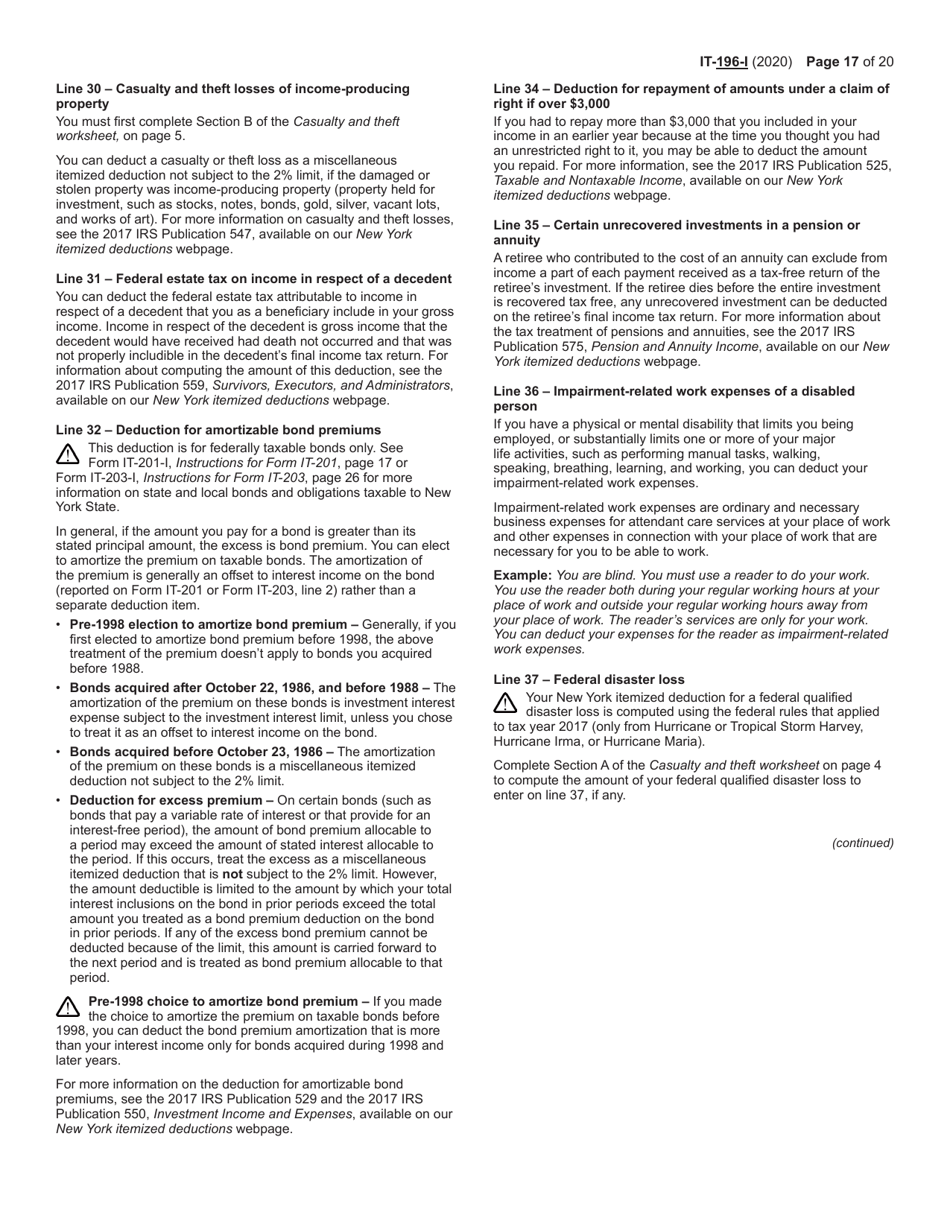 Instructions for Form IT-196 New York Resident, Nonresident, and Part-Year Resident Itemized Deductions - New York, Page 17