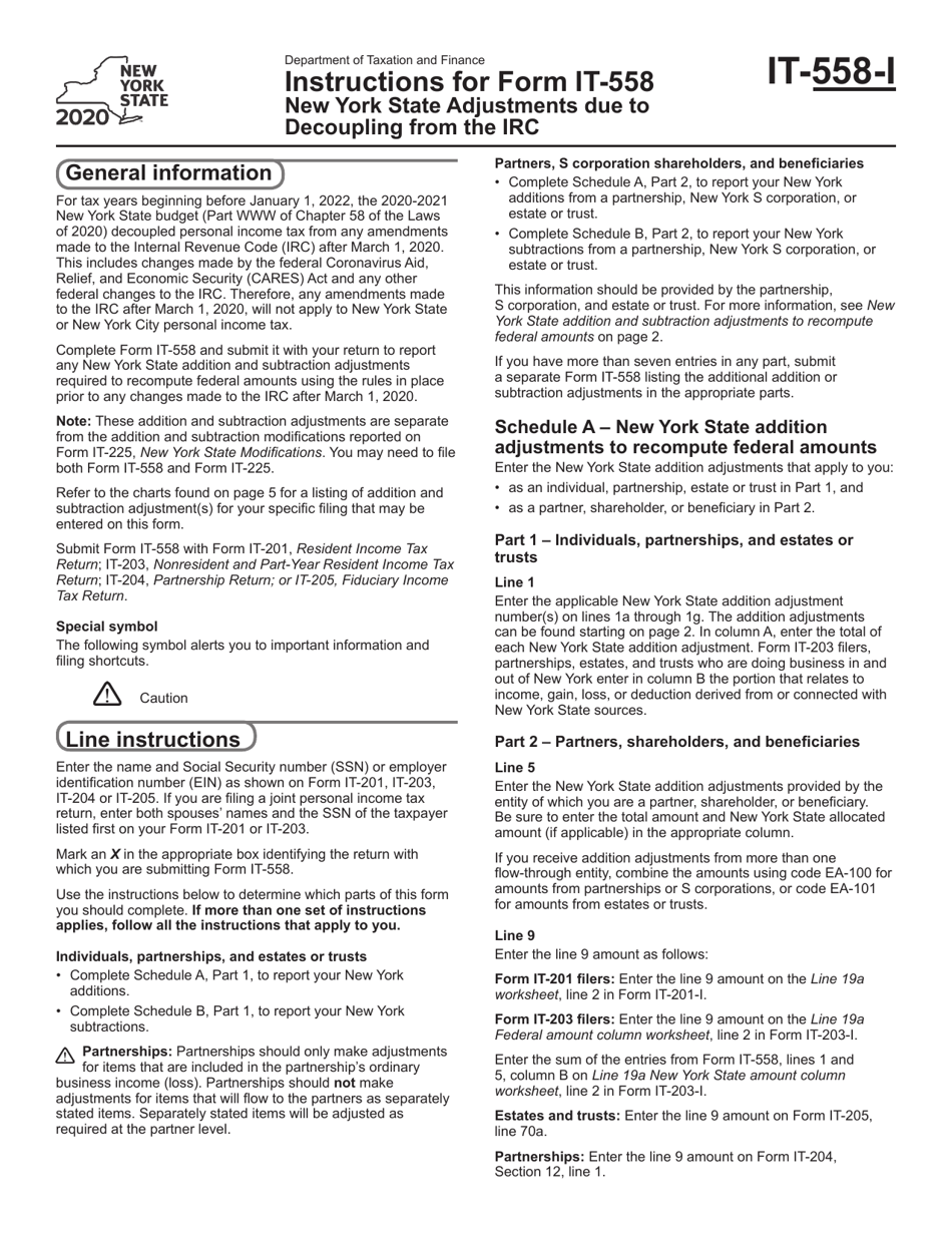 Instructions for Form IT-558 New York State Adjustments Due to Decoupling From the Irc - New York, Page 1