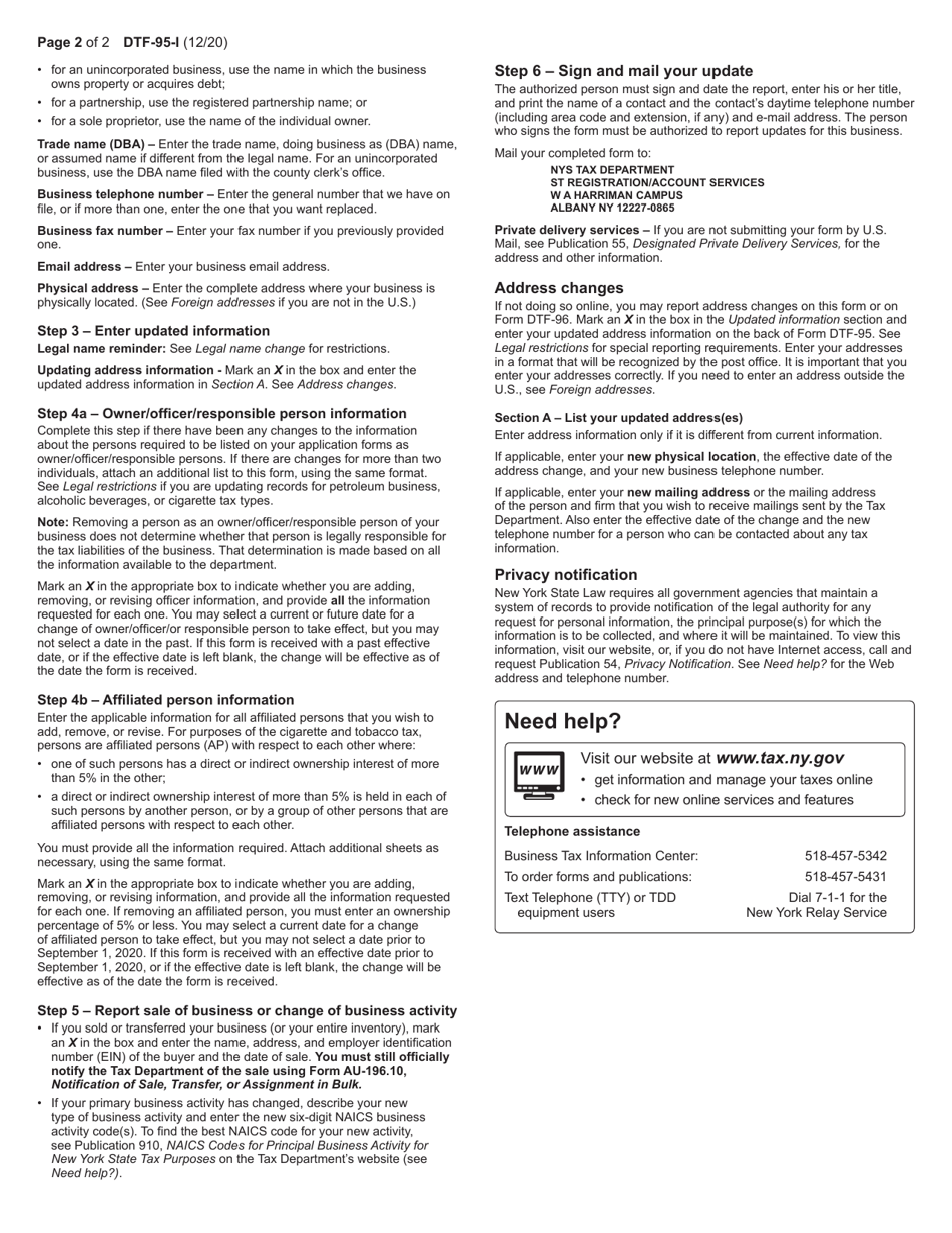 Instructions for Form DTF-95 Business Tax Account Update - New York, Page 2