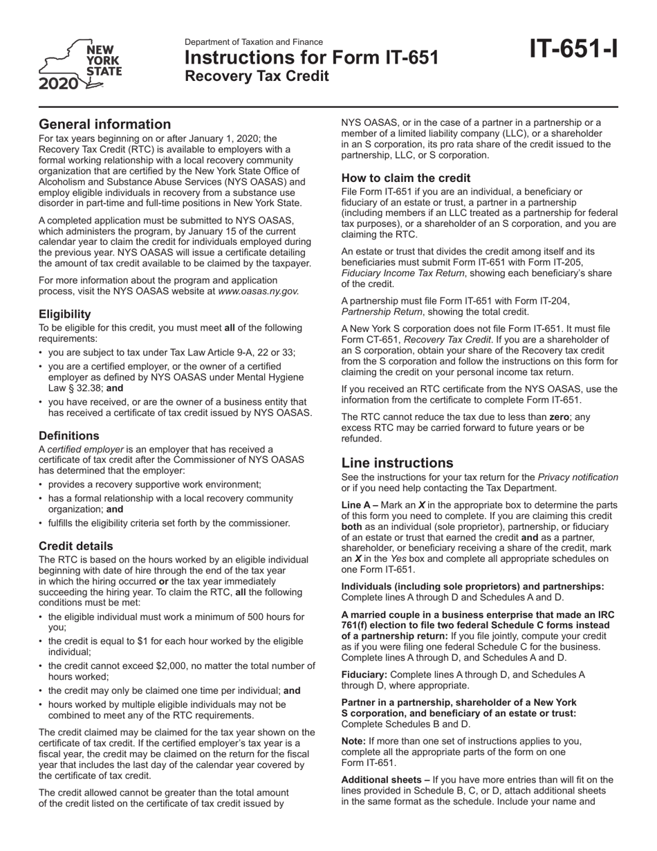 Instructions for Form IT-651 Recovery Tax Credit - New York, Page 1