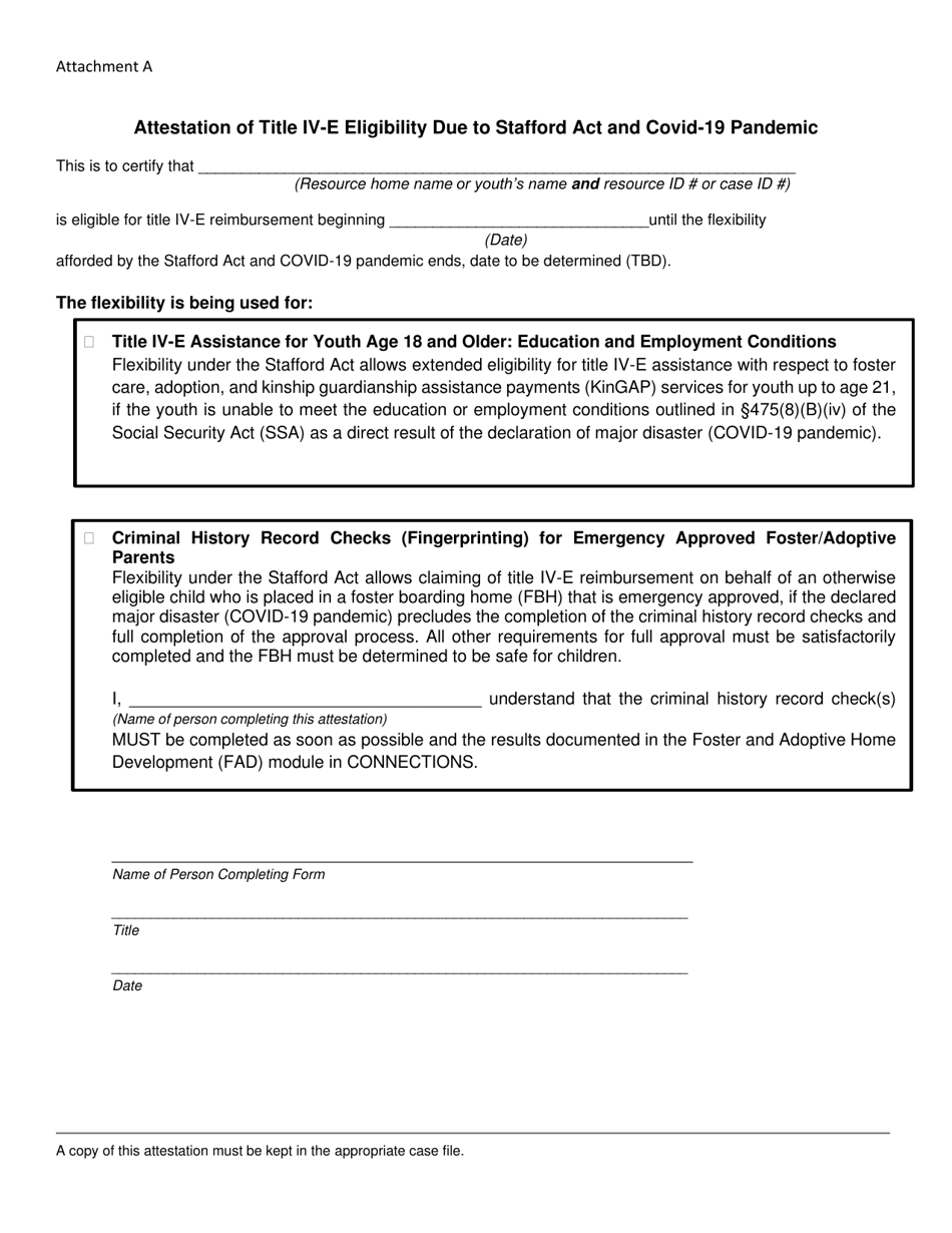 Attachment A Attestation of Title IV-E Eligibility Due to Stafford Act and Covid-19 Pandemic - New York, Page 1