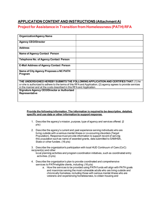 Attachment A Application Content - Project for Assistance in Transition From Homelessness (Path) Rfa - North Carolina