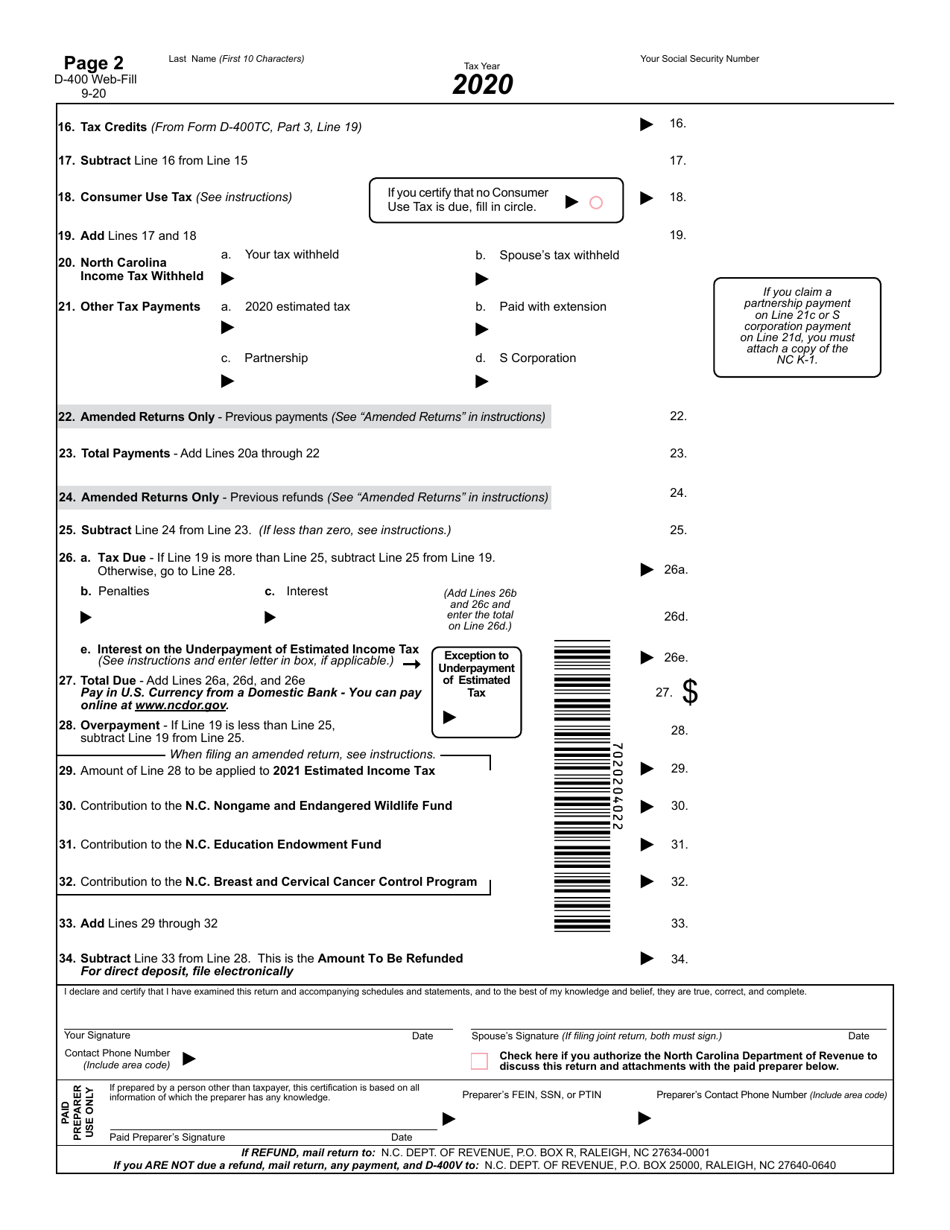 Form D-400 Individual Income Tax Return - North Carolina, Page 3