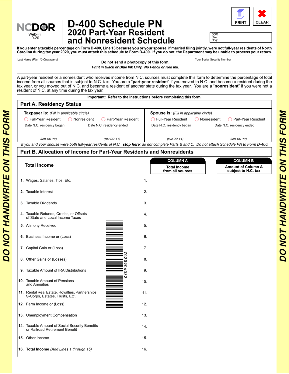 Form D 400 Schedule PN Download Fillable PDF Or Fill Online Part Year Resident And Nonresident