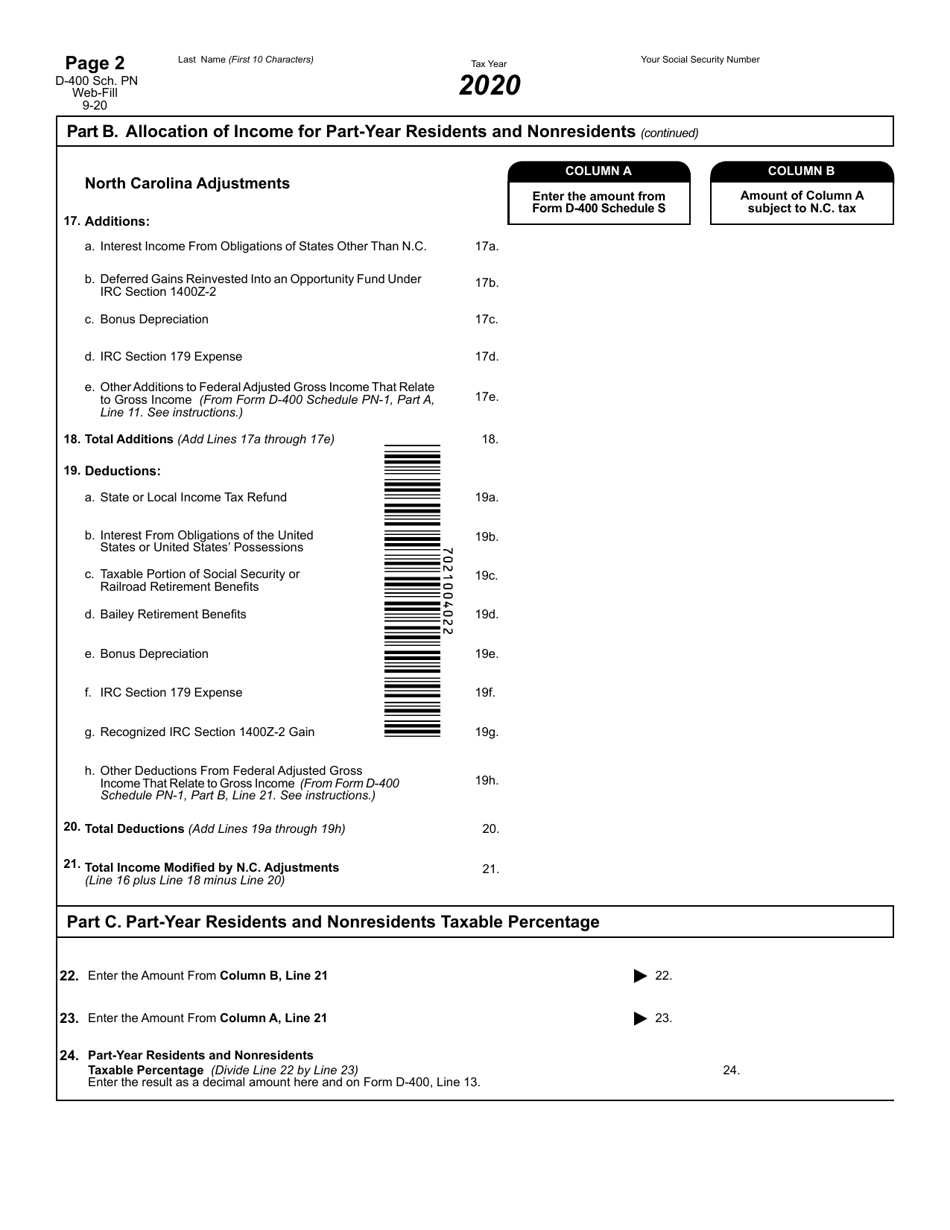 Form D-400 Schedule PN Part-Year Resident and Nonresident Schedule - North Carolina, Page 3