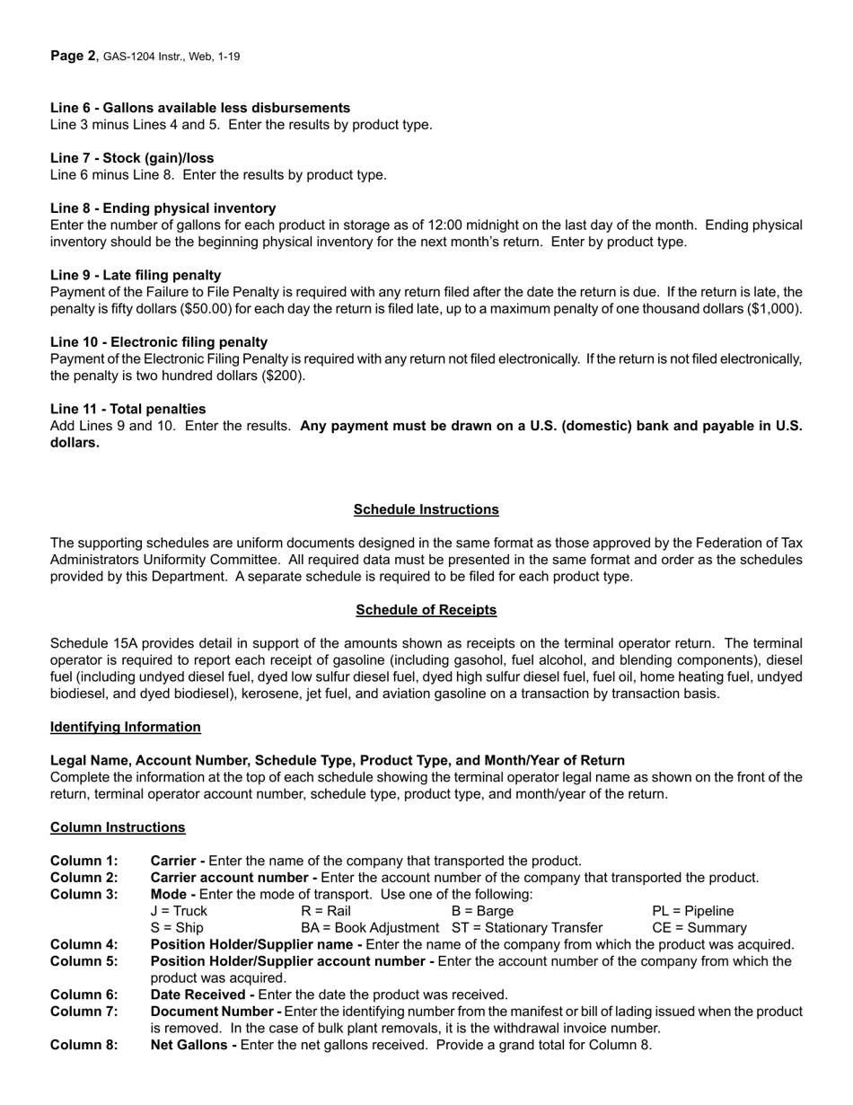 Instructions for Form GAS-1204 Motor Fuel Terminal Operator Return - North Carolina, Page 2