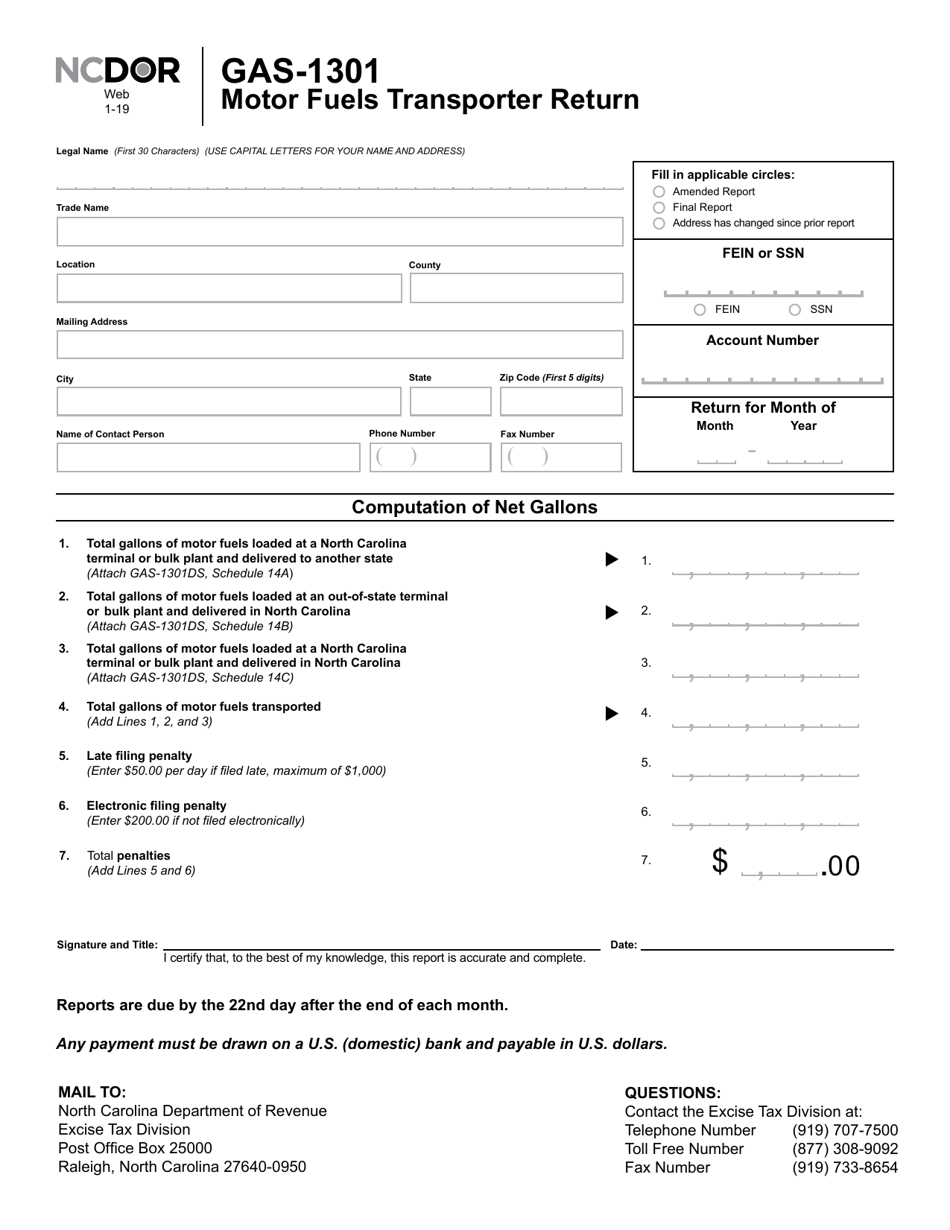 Form GAS-1301 Motor Fuels Transporter Return - North Carolina, Page 1