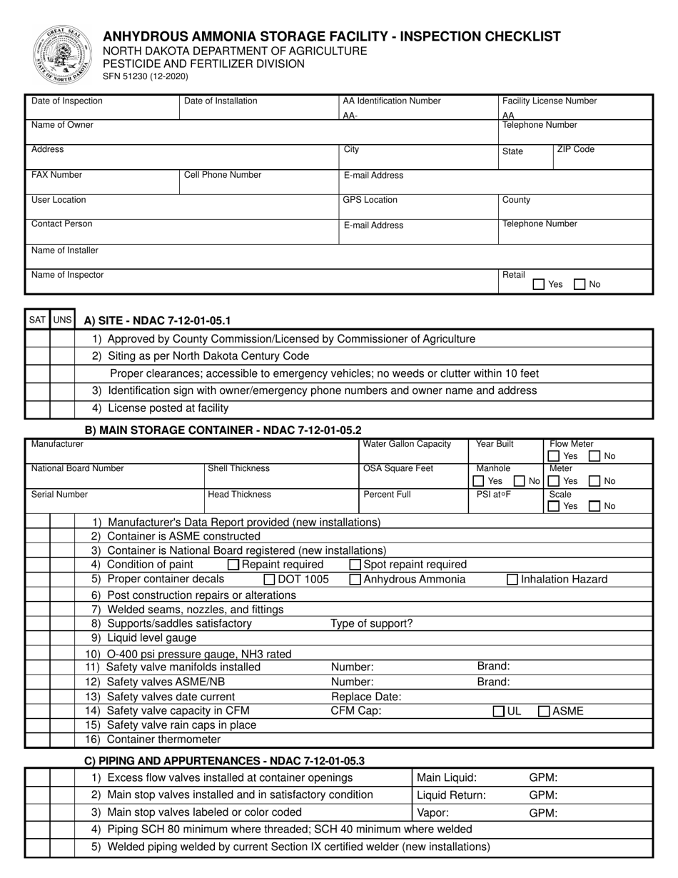 Form SFN51230 Anhydrous Ammonia Storage Facility - Inspection Checklist - North Dakota, Page 1