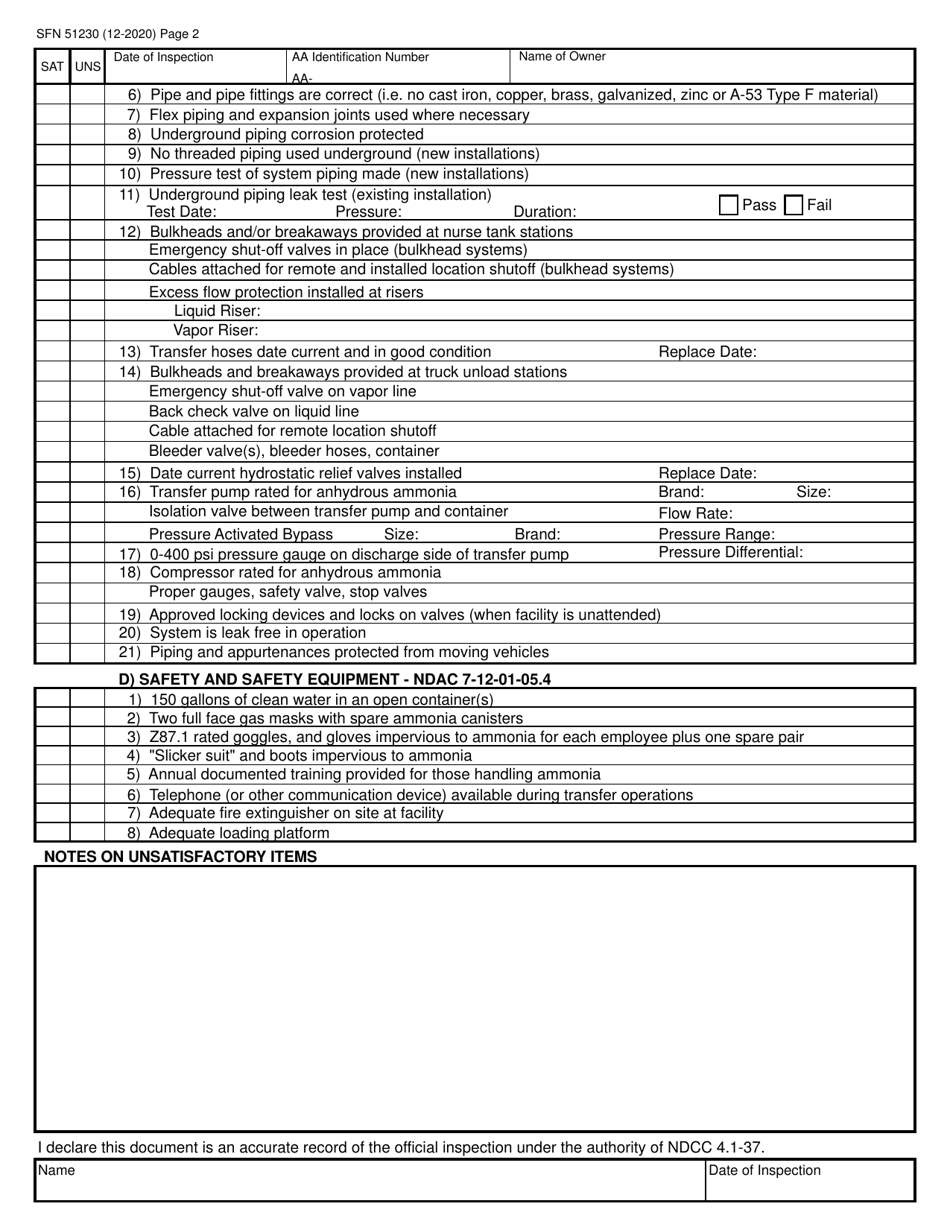 Form SFN51230 Anhydrous Ammonia Storage Facility - Inspection Checklist - North Dakota, Page 2