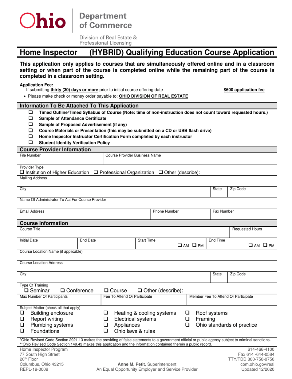 Form REPL-19-0009 Home Inspector (Hybrid) Qualifying Education Course Application - Ohio, Page 1