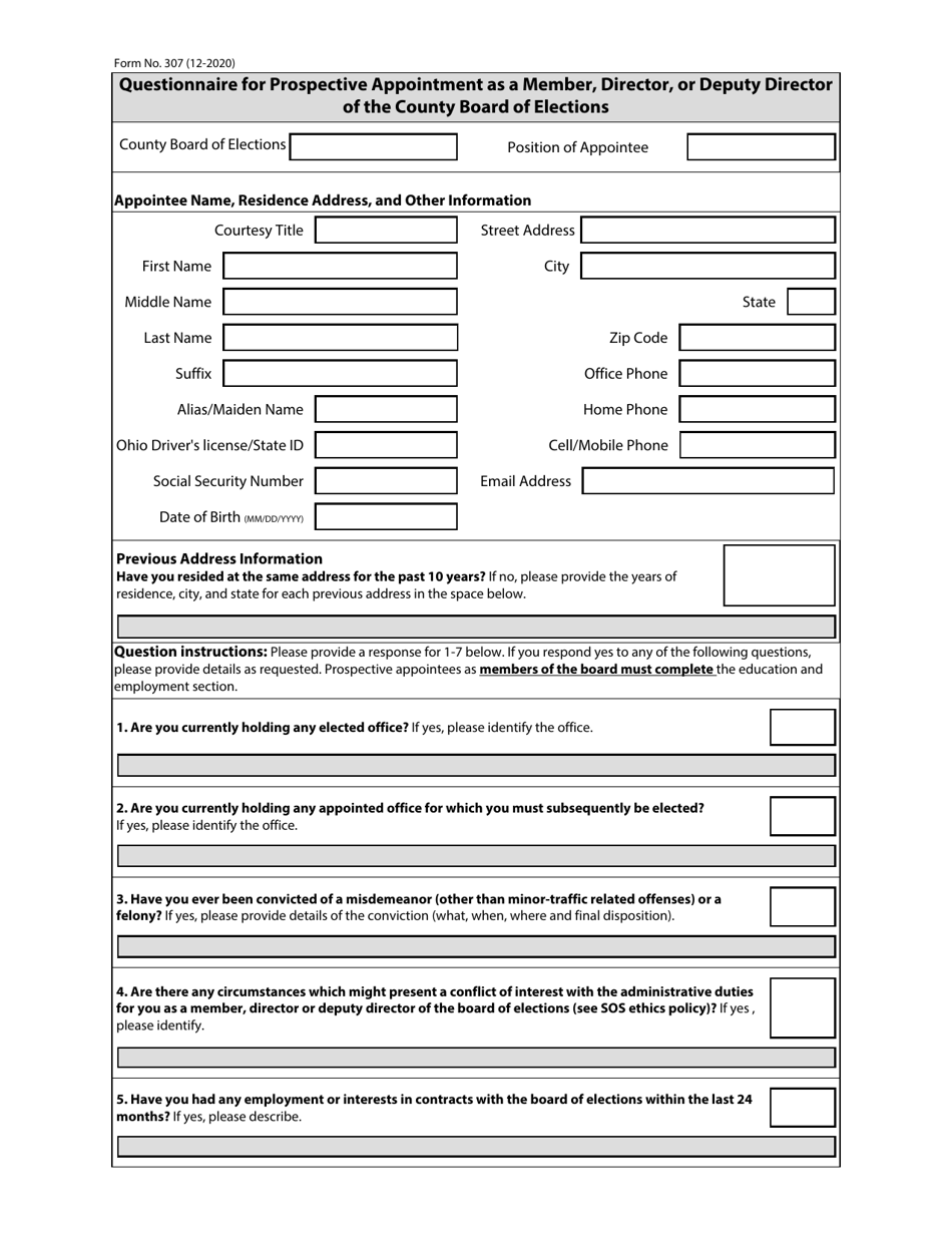 Form 307 Questionnaire for Prospective Appointment as a Member, Director, or Deputy Director of the County Board of Elections - Ohio, Page 1