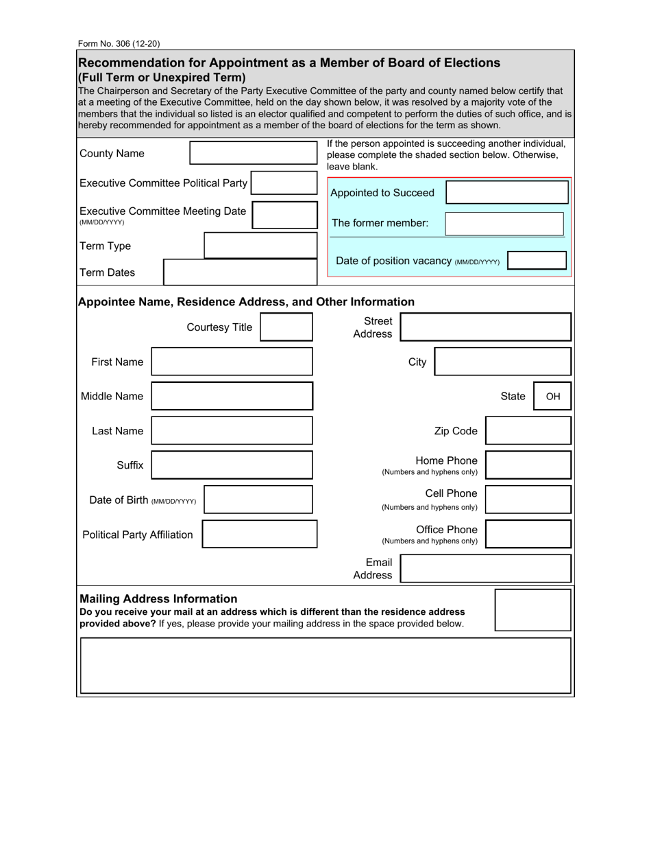 Form 306 Recommendation for Appointment as a Member of Board of Elections (Full Term or Unexpired Term) - Ohio, Page 1