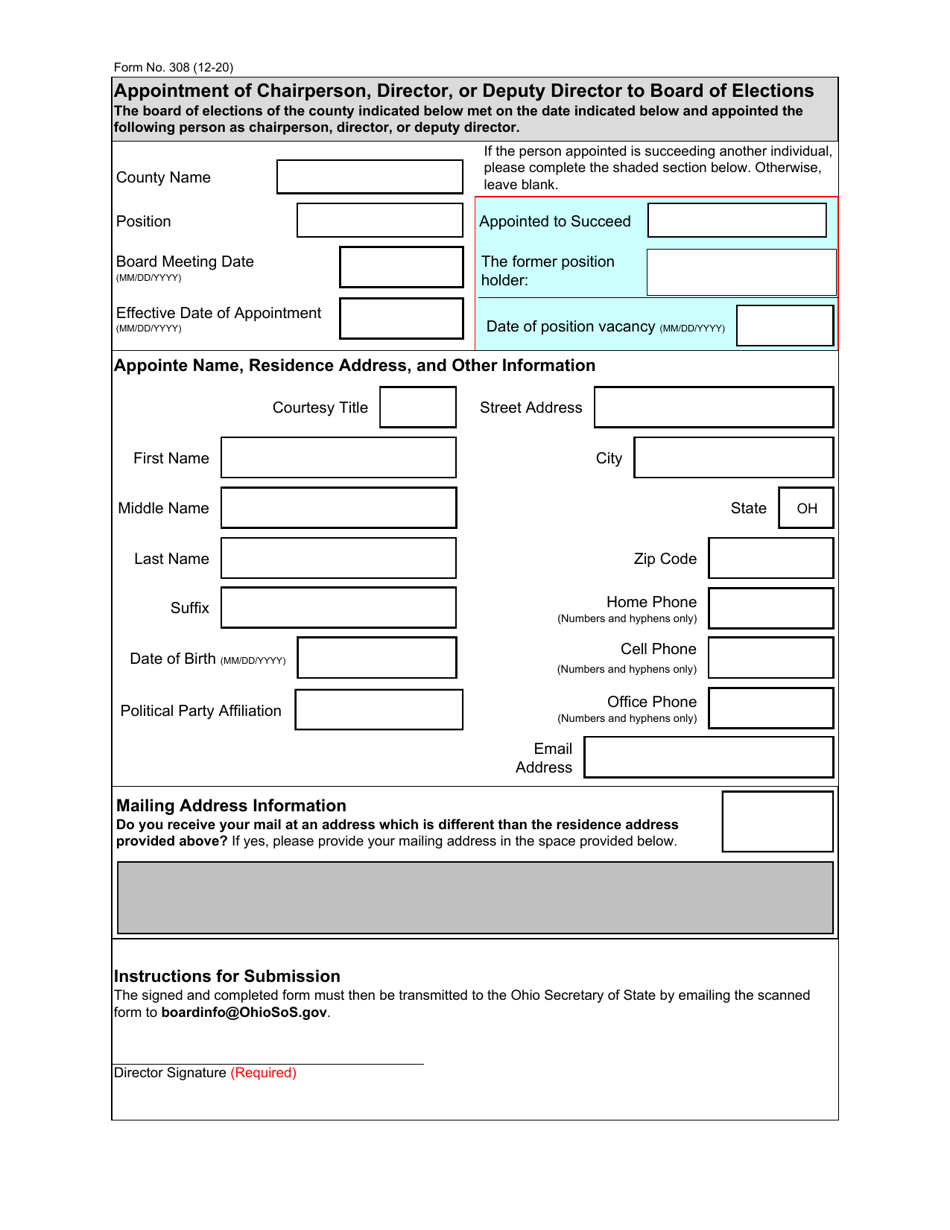 Form 308 Appointment of Chairperson, Director, or Deputy Director to Board of Elections - Ohio, Page 1